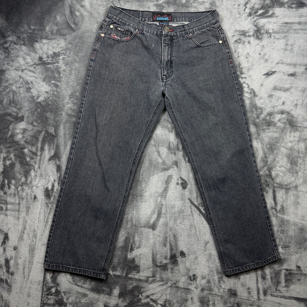 Remixed Jeans Mens 34x32 Black Straight Leg Contrast Embroidery Streetwear Denim
